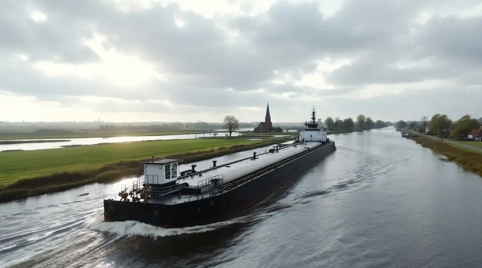 Een tankschip voor de binnenvaart op een brede rivier, gezien vanaf een dijk, met uiterwaarden en een dorp met kerktoren aan de overkant