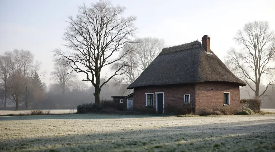 Een oude boerderij met rieten dak en bakstenen muren in Drenthe op een koude wintermorgen, met rijp op het weiland en kale bomen