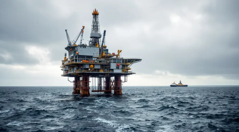 Een olieplatform op stalen poten in een grijze, ruwe Noordzee onder zware wolken, met in de verte een bevoorradingsschip