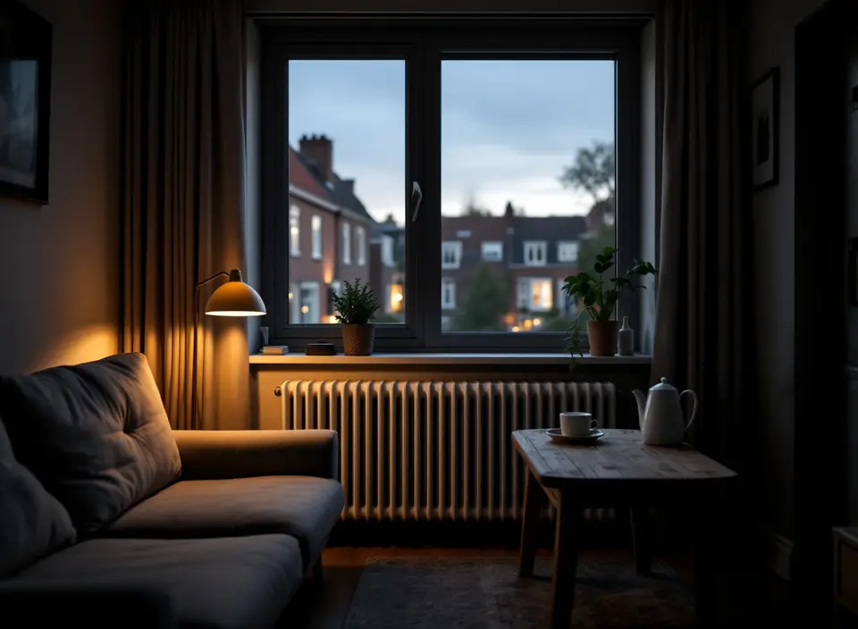 Een eenvoudige woonkamer in een jaren-dertighuis in de schemering, met een bank, een witte radiator onder het raam, een brandende leeslamp en een theepot